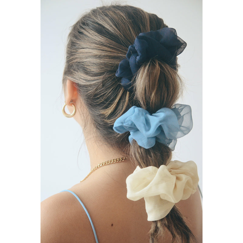 three chiffon silk scrunchie in sky blue, dark blue and off white  